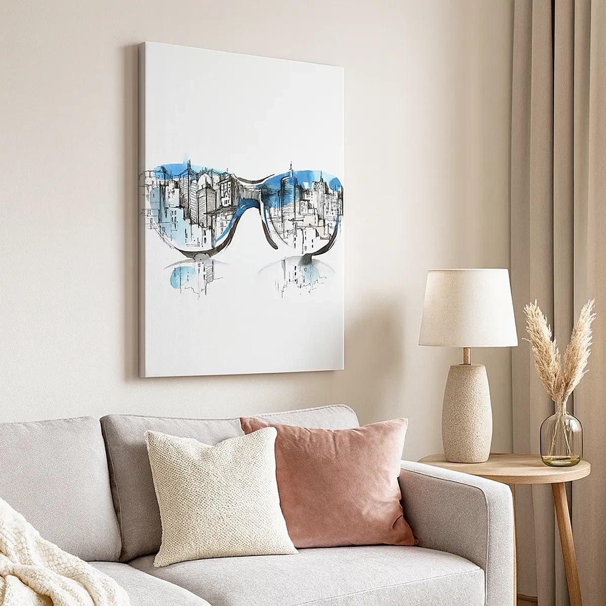 Impression sur toile - Image sur toile - Aquarelle du panorama de la ville reflété dans les verres - 50x70cm - Le chic des grandes villes - Décoration murale moderne pour le salon et la chambre ARTTOR