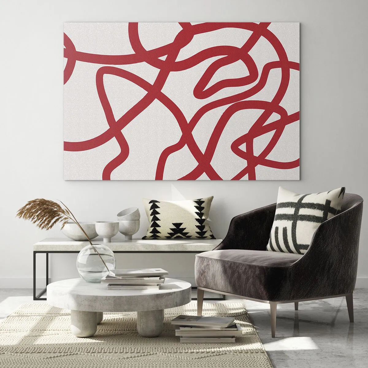 Impression sur verre - Image sur verre - Lignes rouges tourbillonnant dynamiquement sur un fond blanc - 70x50cm - Rouge sur blanc - Décoration murale moderne pour le salon et la chambre ARTTOR