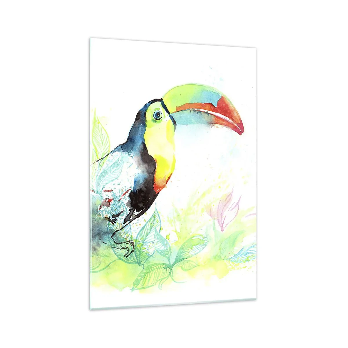Impression sur verre - Image sur verre - Illustration à l'aquarelle d'un toucan sur fond tropical - 70x100cm - Aussi coloré que l'Amérique du Sud - Décoration murale moderne pour le salon et la chambre ARTTOR