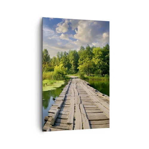 Impression sur toile - Image sur toile - Un paysage pittoresque avec un pont et un cygne - 80x120cm - L'été, l'été partout - Décoration murale moderne pour le salon et la chambre ARTTOR