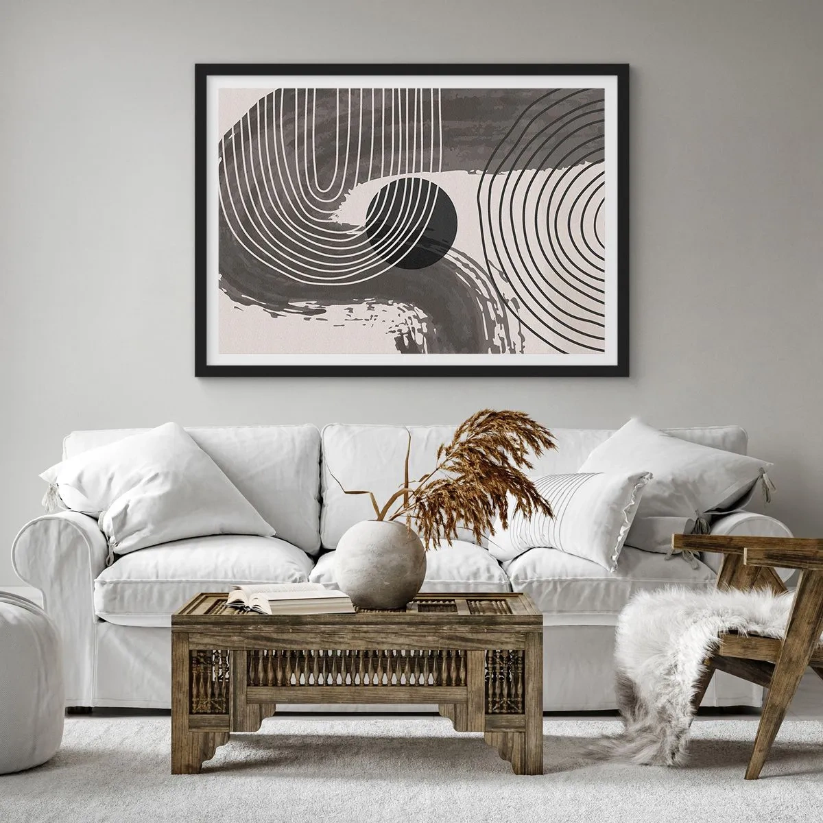 Affiche dans un cadre noir - Poster - Lignes géométriques et ovales dans des tons monochromes - 70x50cm - L'ovale gagne - Décoration murale moderne pour le salon et la chambre ARTTOR