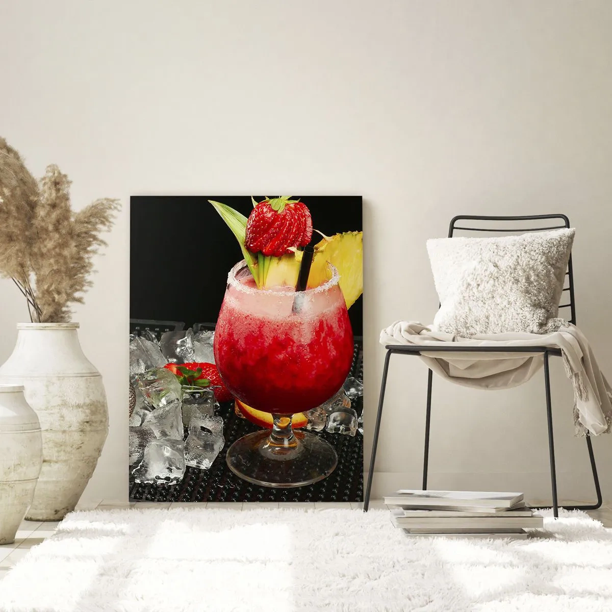 Impression sur verre - Image sur verre - Un cocktail coloré avec des fraises, de la glace et de l'ananas - 80x120cm - Envouter le goût - Décoration murale moderne pour le salon et la chambre ARTTOR