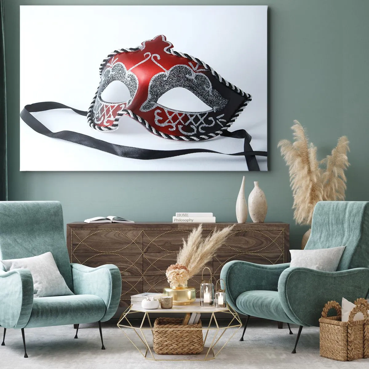 Impression sur toile - Image sur toile - Masque de carnaval rouge sur fond clair - 70x50cm - Invitation au bal - Décoration murale moderne pour le salon et la chambre ARTTOR