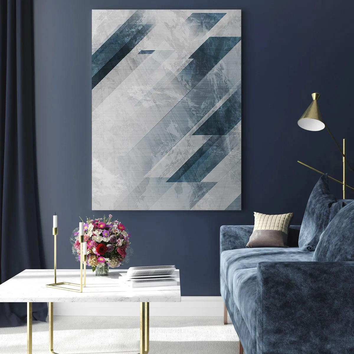 Impression sur verre - Image sur verre - Lignes abstraites dans des tons de gris et de bleu - 80x120cm - Composition spatiale - mouvement gris - Décoration murale moderne pour le salon et la chambre ARTTOR