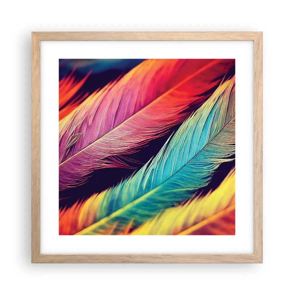 Affiche dans un chêne clair - Poster - Arc-en-ciel de plumes - 40x40 cm