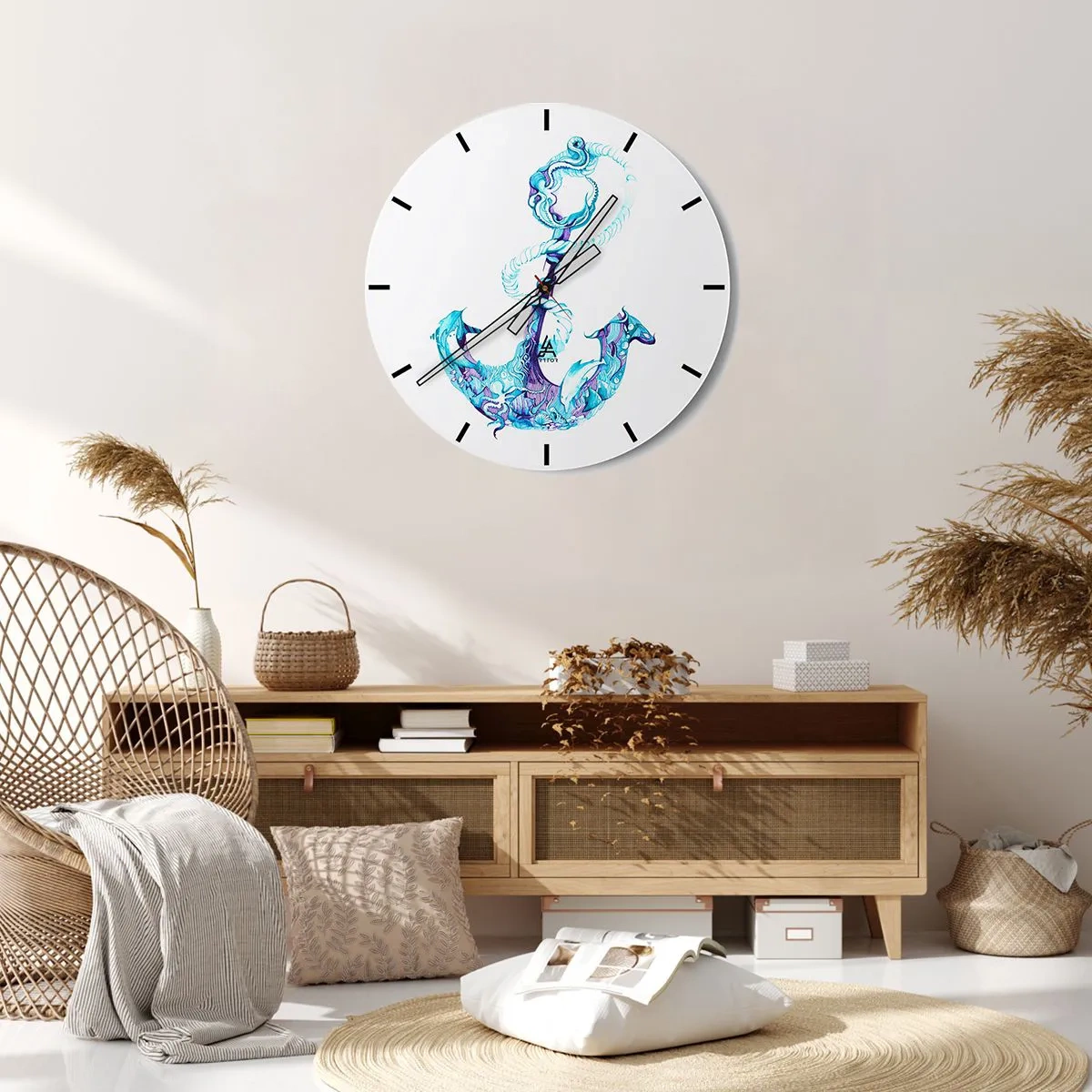 Horloge murale - Pendule murale - Dessin d'une ancre aux couleurs nautiques avec des motifs délicats - 30x30cm - Le confident des secrets de la mer - Décoration murale moderne pour le salon, la cuisine et la chambre ARTTOR