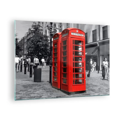 Impression sur verre - Image sur verre - Cabines téléphoniques rouges dans une rue de Londres - 70x50cm - Cabines téléphoniques rouges - Décoration murale moderne pour le salon et la chambre ARTTOR