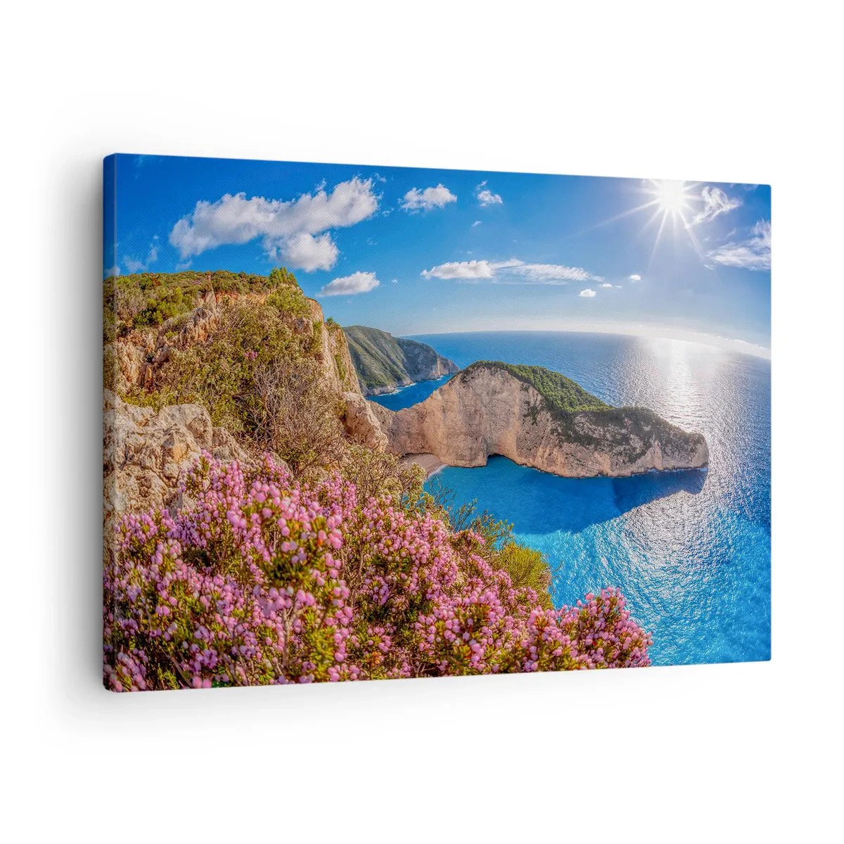 Impression sur toile - Image sur toile - Une falaise fleurie, une mer turquoise et un paysage grec ensoleillé - 70x50cm - Mes super vacances grecques - Décoration murale moderne pour le salon et la chambre ARTTOR