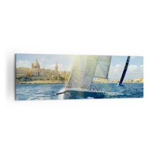 Impression sur toile - Image sur toile - Course de yachts sur fond de côte ensoleillée - 160x50cm - Il est temps de quitter la ville - Décoration murale moderne pour le salon et la chambre ARTTOR