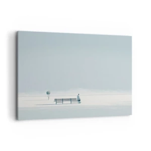 Impression sur toile - Image sur toile - Une personne assise sur un banc dans un paysage minimaliste - 120x80cm - Oui, j'attends. - Décoration murale moderne pour le salon et la chambre ARTTOR