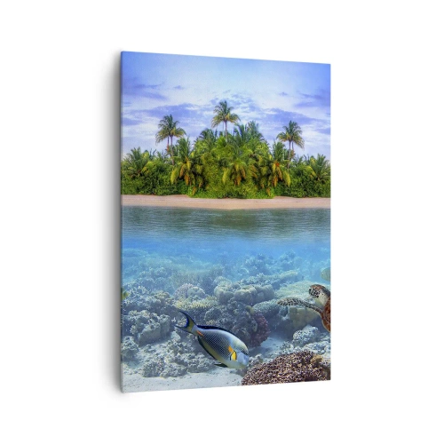 Impression sur toile - Image sur toile - Une île tropicale entourée d'un océan turquoise avec un récif de corail et des poissons. - 70x100cm - L'île céleste vous invite - Décoration murale moderne pour le salon et la chambre ARTTOR