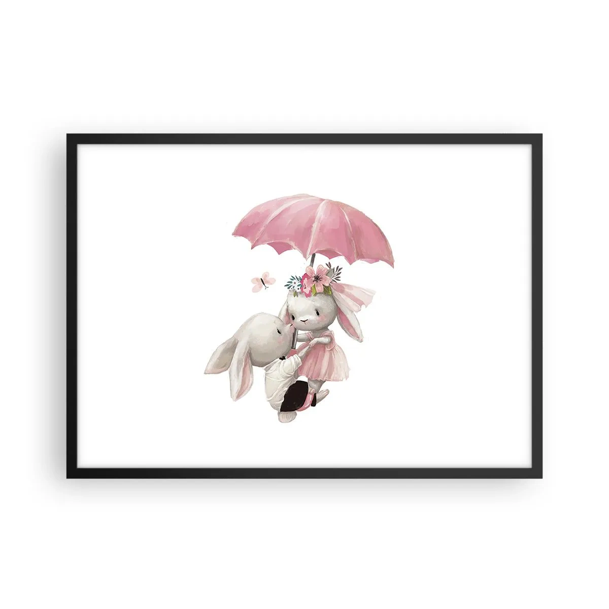 Affiche dans un cadre noir - Poster - Des lapins mignons sous un parapluie rose - 70x50cm - C'est ça l'amour - Décoration murale moderne pour le salon et la chambre ARTTOR
