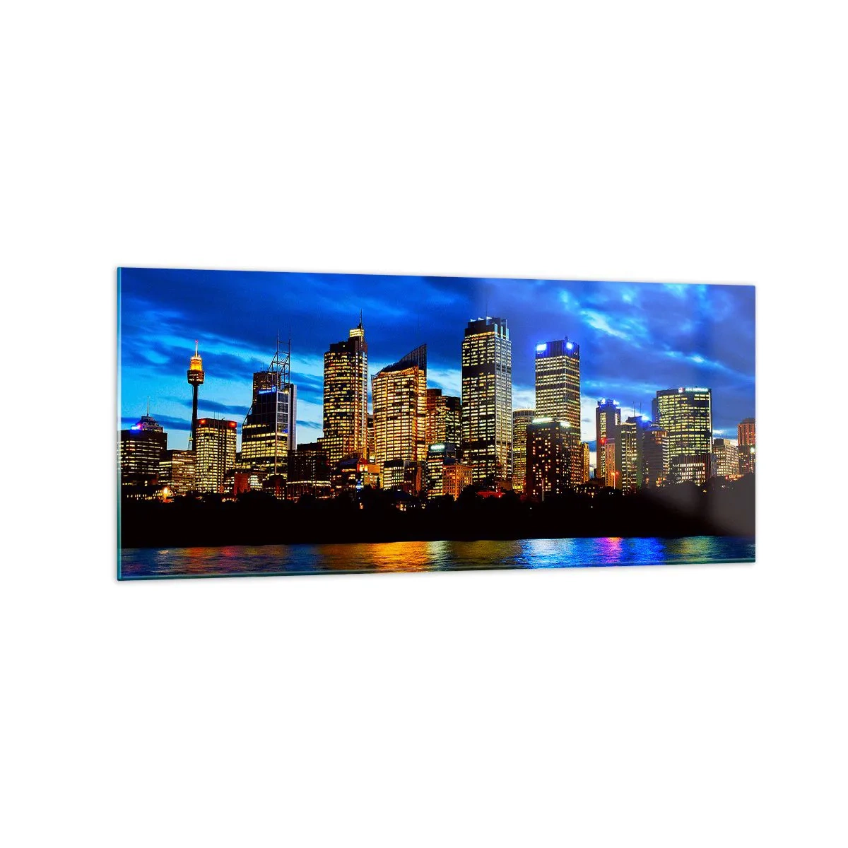 Impression sur verre - Image sur verre - Panorama de la ville nocturne avec des gratte-ciel illuminés au-dessus de l'eau - 120x50cm - Une nuit de lumières et de couleurs - Décoration murale moderne pour le salon et la chambre ARTTOR
