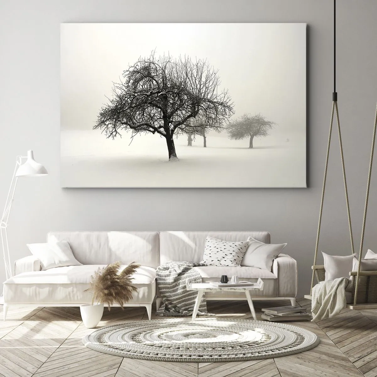 Impression sur toile - Image sur toile - Arbres dans un champ enneigé entouré de brouillard - 70x50cm - Un rêve hivernal - Décoration murale moderne pour le salon et la chambre ARTTOR