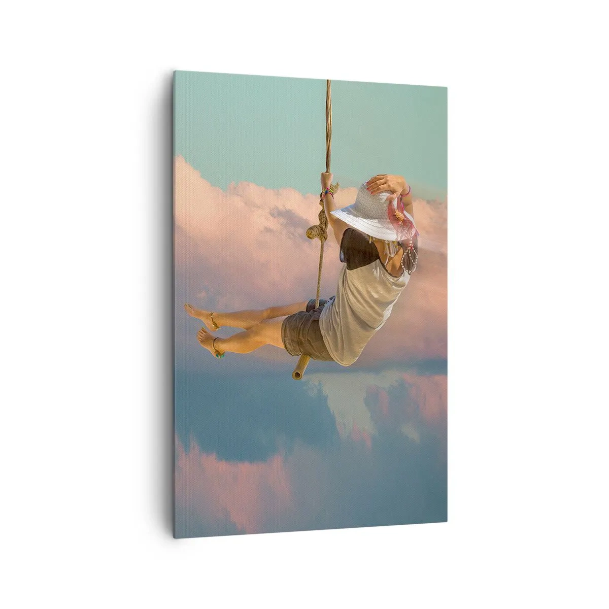 Impression sur toile - Image sur toile - Femme sur une balançoire parmi les nuages roses - 80x120cm - S'amuser dans les nuages - Décoration murale moderne pour le salon et la chambre ARTTOR