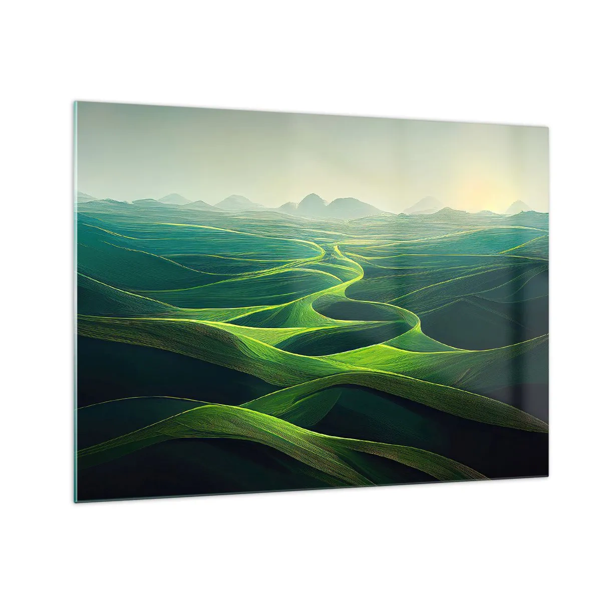 Impression sur verre - Image sur verre - Collines et vallées verdoyantes illuminées par les rayons du soleil - 70x50cm - Dans les vallées verdoyantes - Décoration murale moderne pour le salon et la chambre ARTTOR