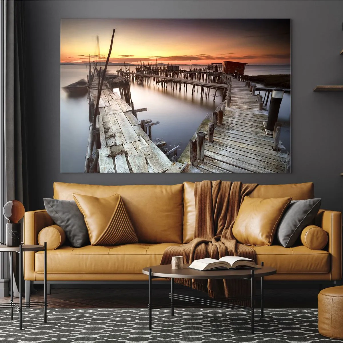 Impression sur verre - Image sur verre - Jetée en bois au coucher du soleil sur un lac calme - 70x50cm - Authentique, pas un attrape touristique - Décoration murale moderne pour le salon et la chambre ARTTOR