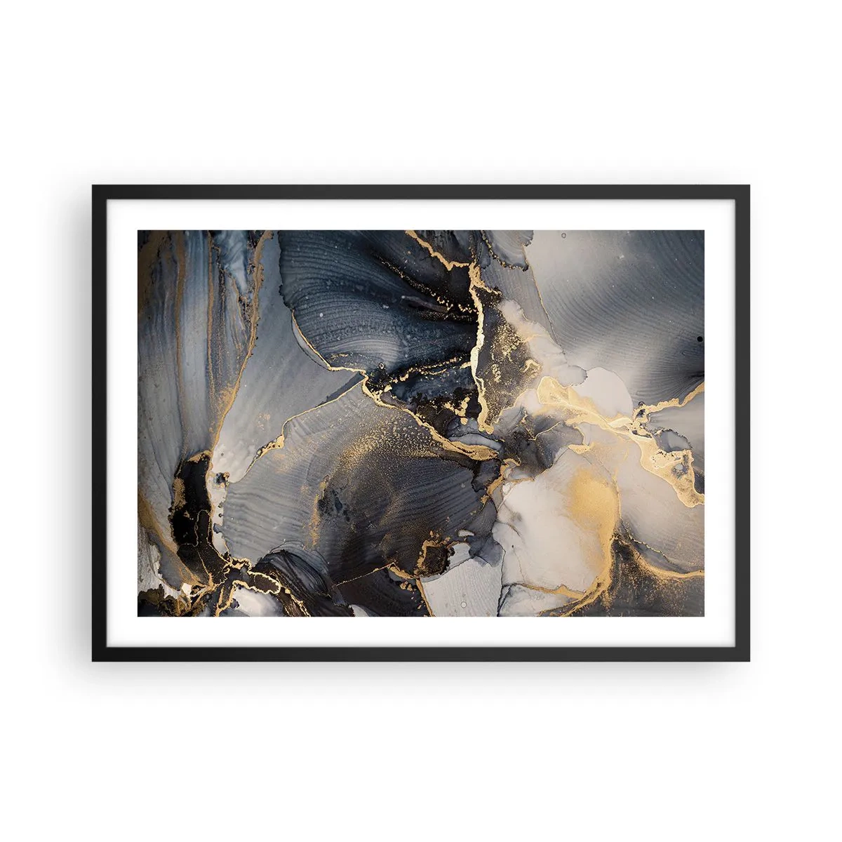 Affiche dans un cadre noir - Poster - Abstrait or et gris sur toile - 70x50cm - La vie de la pierre - Décoration murale moderne pour le salon et la chambre ARTTOR