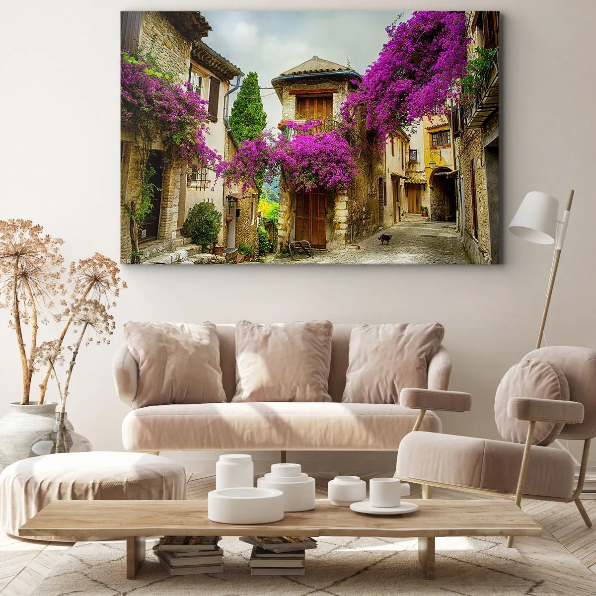 Impression sur toile - Image sur toile - Une rue en pierre avec des fleurs roses et des maisons - 120x80cm - Sous un dais fleuri - Décoration murale moderne pour le salon et la chambre ARTTOR