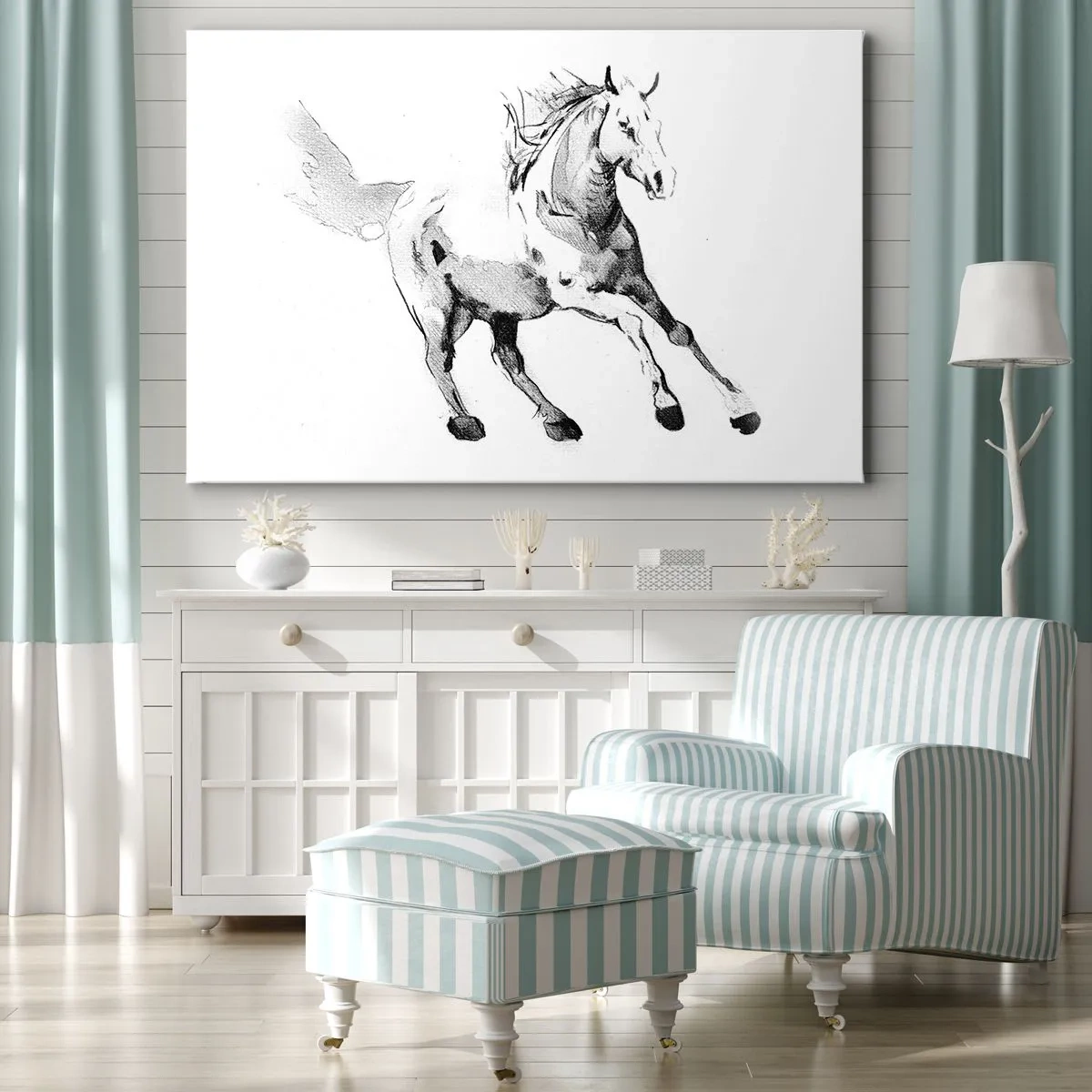 Impression sur toile - Image sur toile - Croquis d'un cheval au galop dans des tons de noir et blanc - 120x80cm - Âme indomptée - Décoration murale moderne pour le salon et la chambre ARTTOR