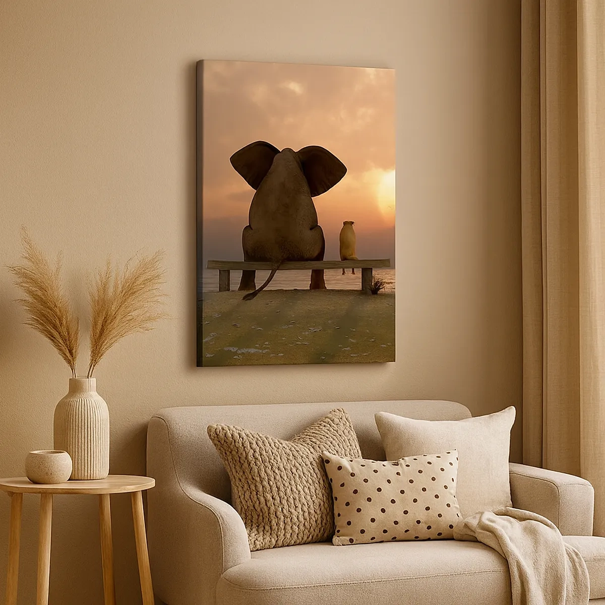 Impression sur toile - Image sur toile - Un éléphant et un chien sont assis sur un banc sur la plage au coucher du soleil. - 50x70cm - C'est bon de garder le silence ensemble - Décoration murale moderne pour le salon et la chambre ARTTOR