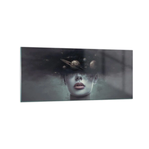 Impression sur verre - Image sur verre - Un visage de femme avec un motif de planète et d'espace en arrière-plan - 120x50cm - Et les planètes deviennent folles... - Décoration murale moderne pour le salon et la chambre ARTTOR