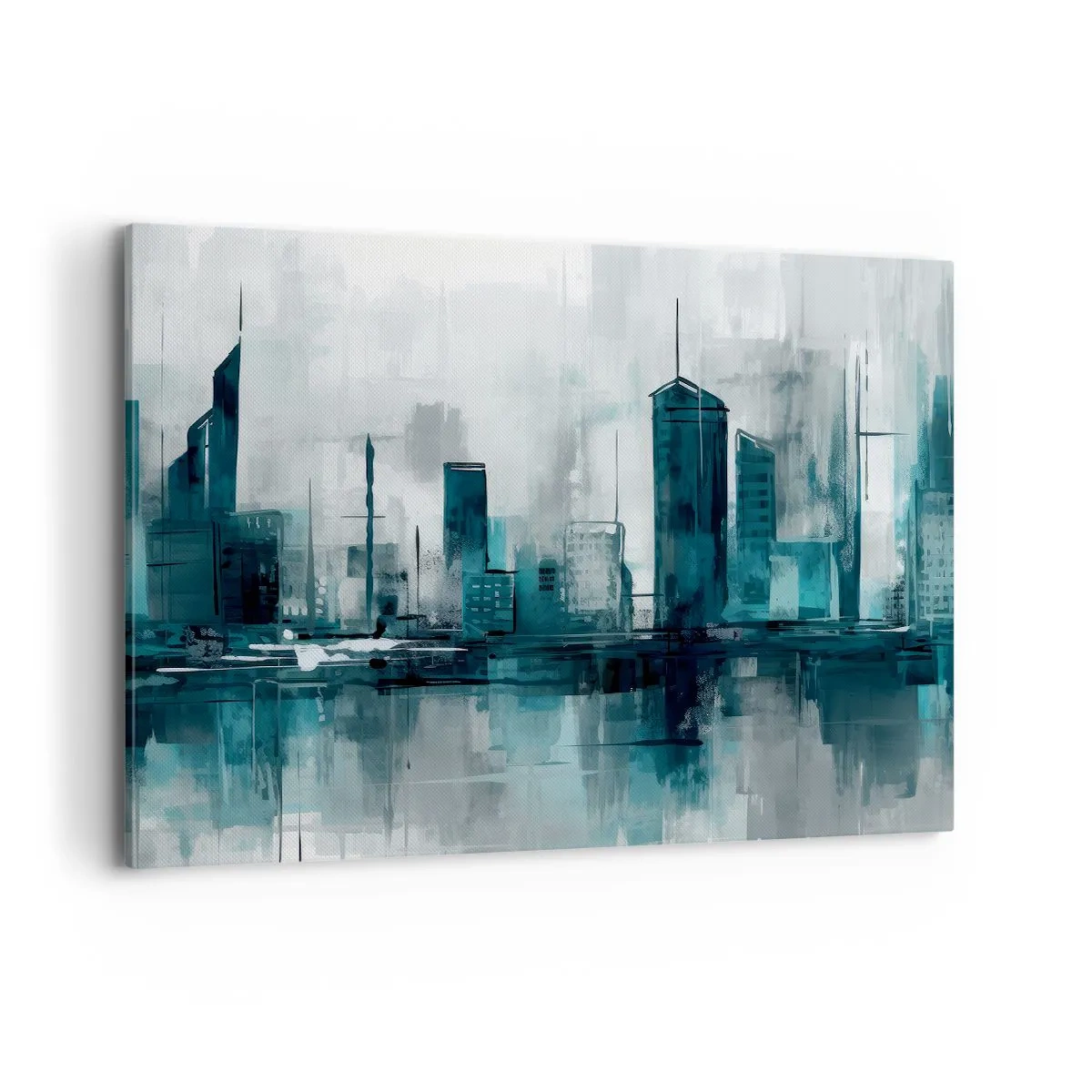 Impression sur toile - Image sur toile - Une ville moderne aux tons turquoise et gris - 120x80cm - Une ville couleur de pluie - Décoration murale moderne pour le salon et la chambre ARTTOR
