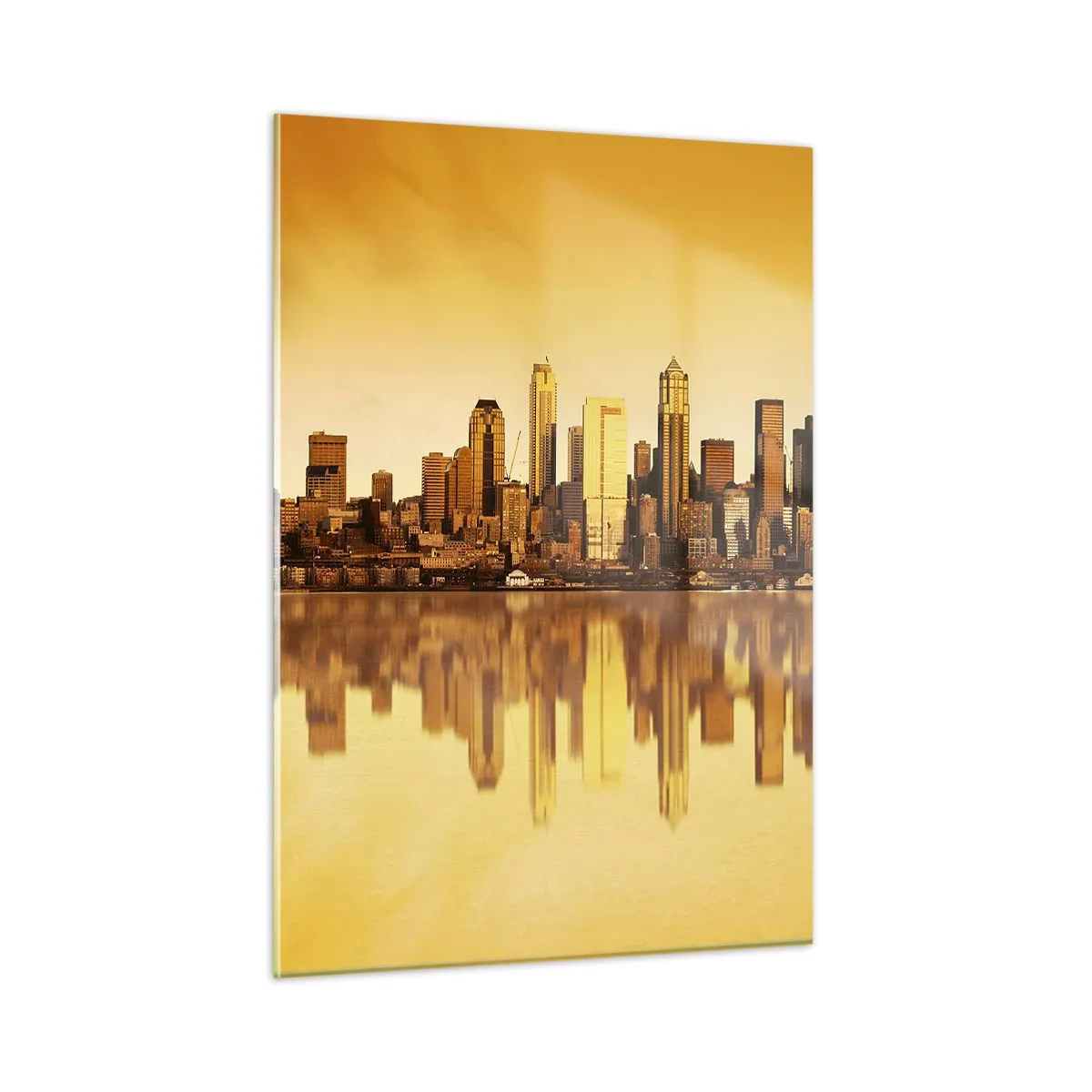 Impression sur verre - Image sur verre - Panorama de la ville dans la lumière dorée du coucher du soleil - 50x70cm - Le silence de la métropole - Décoration murale moderne pour le salon et la chambre ARTTOR