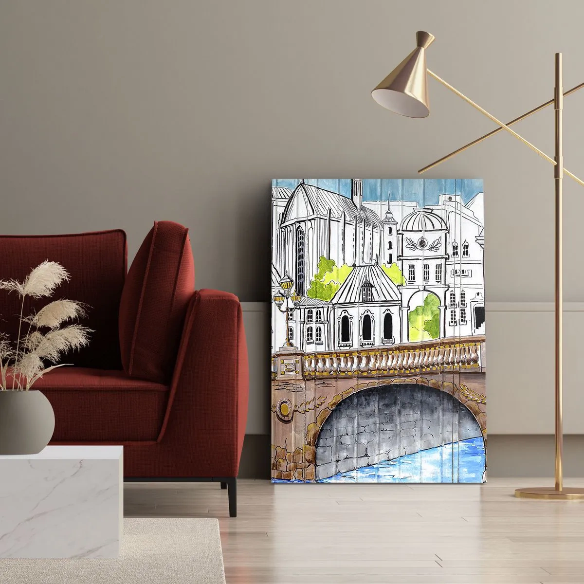 Impression sur toile - Image sur toile - Dessin du pont et de l'architecture urbaine historique - 50x70cm - Une ville comme peinte - Décoration murale moderne pour le salon et la chambre ARTTOR