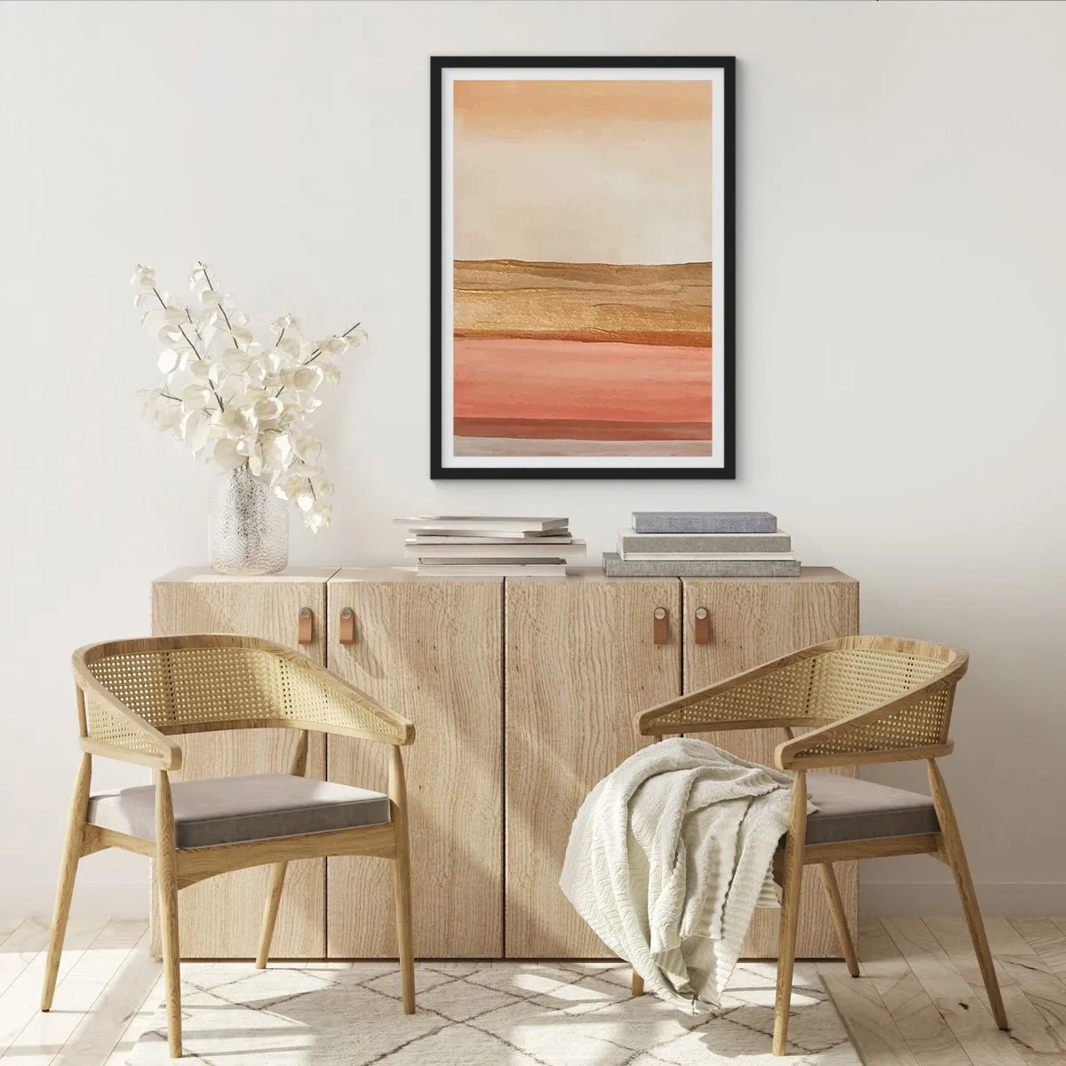 Affiche dans un cadre noir - Poster - Une composition abstraite dans des tons chauds de beige et de rose. - 50x70cm - Composition verticale - Décoration murale moderne pour le salon et la chambre ARTTOR