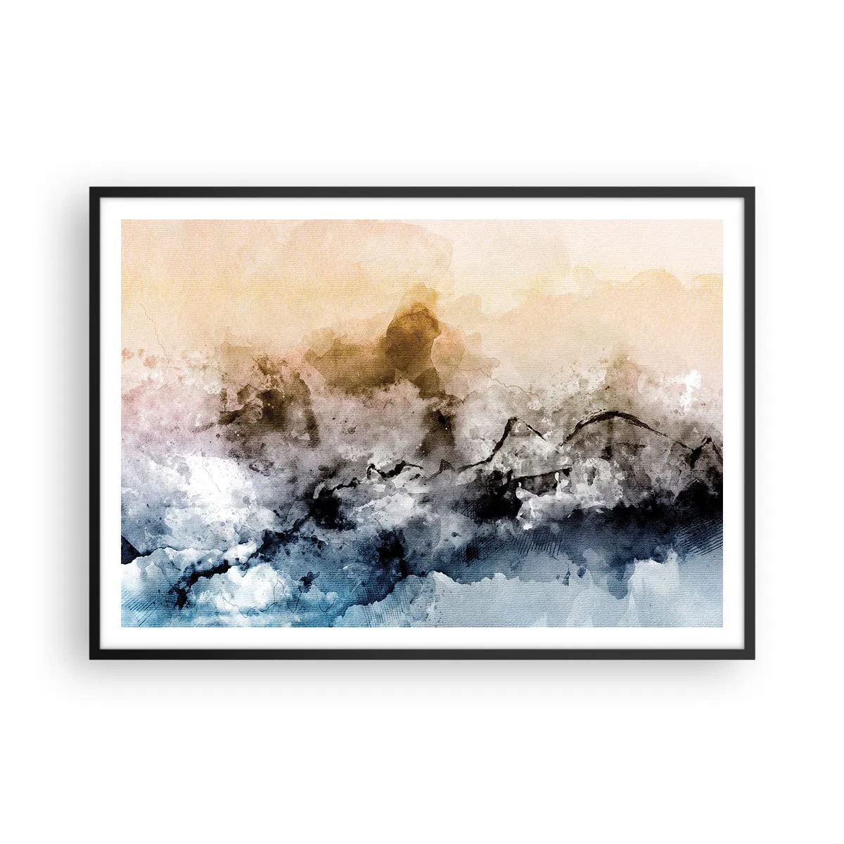 Affiche dans un cadre noir - Poster - Paysage abstrait avec brouillard et couleurs subtiles - 100x70cm - Noyé dans un nuage de brouillard - Décoration murale moderne pour le salon et la chambre ARTTOR