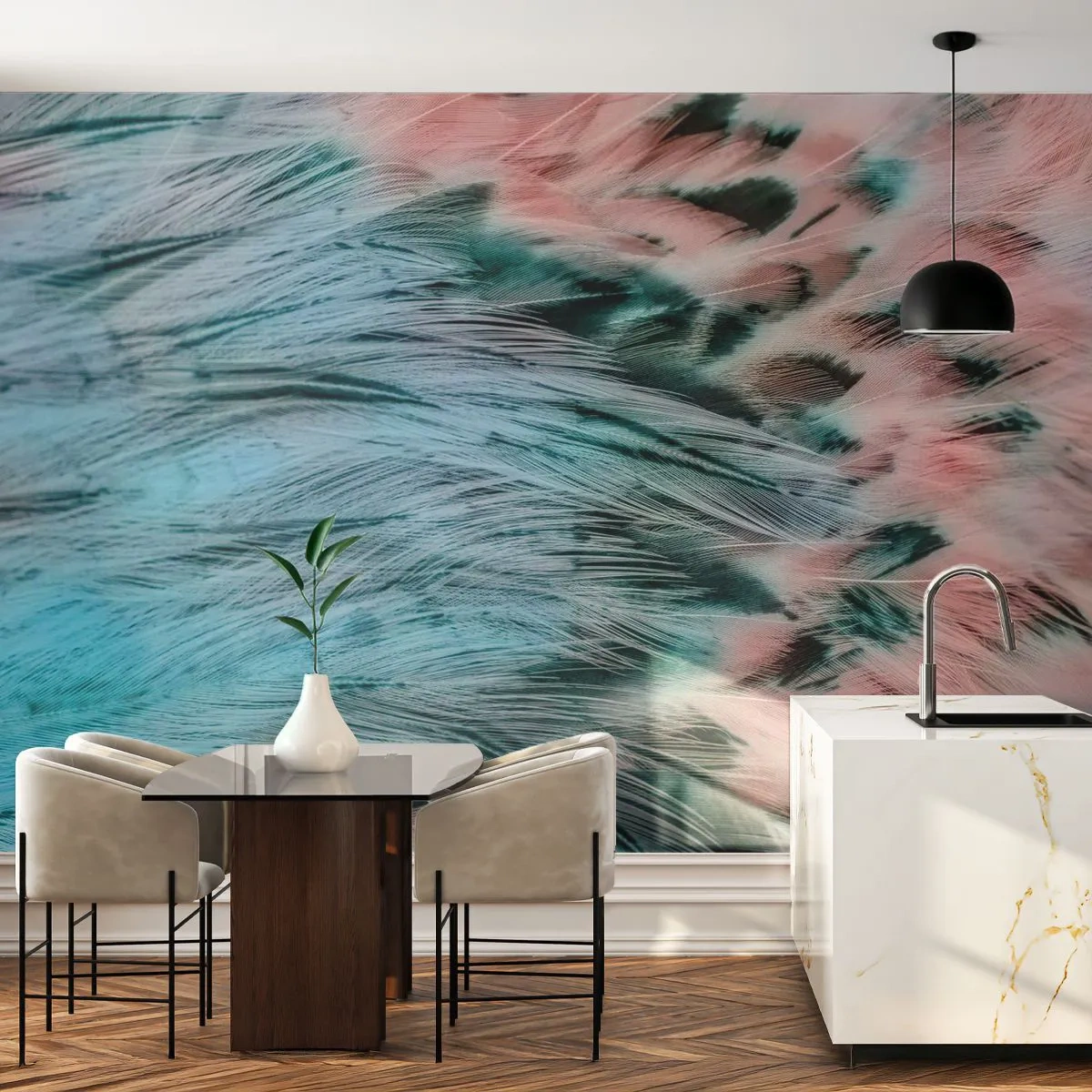 Papier Peint Photo Standard Eco - Duvet rose saphir - Abstraction, Morceau, Plumes d'oiseaux - 350x256 cm