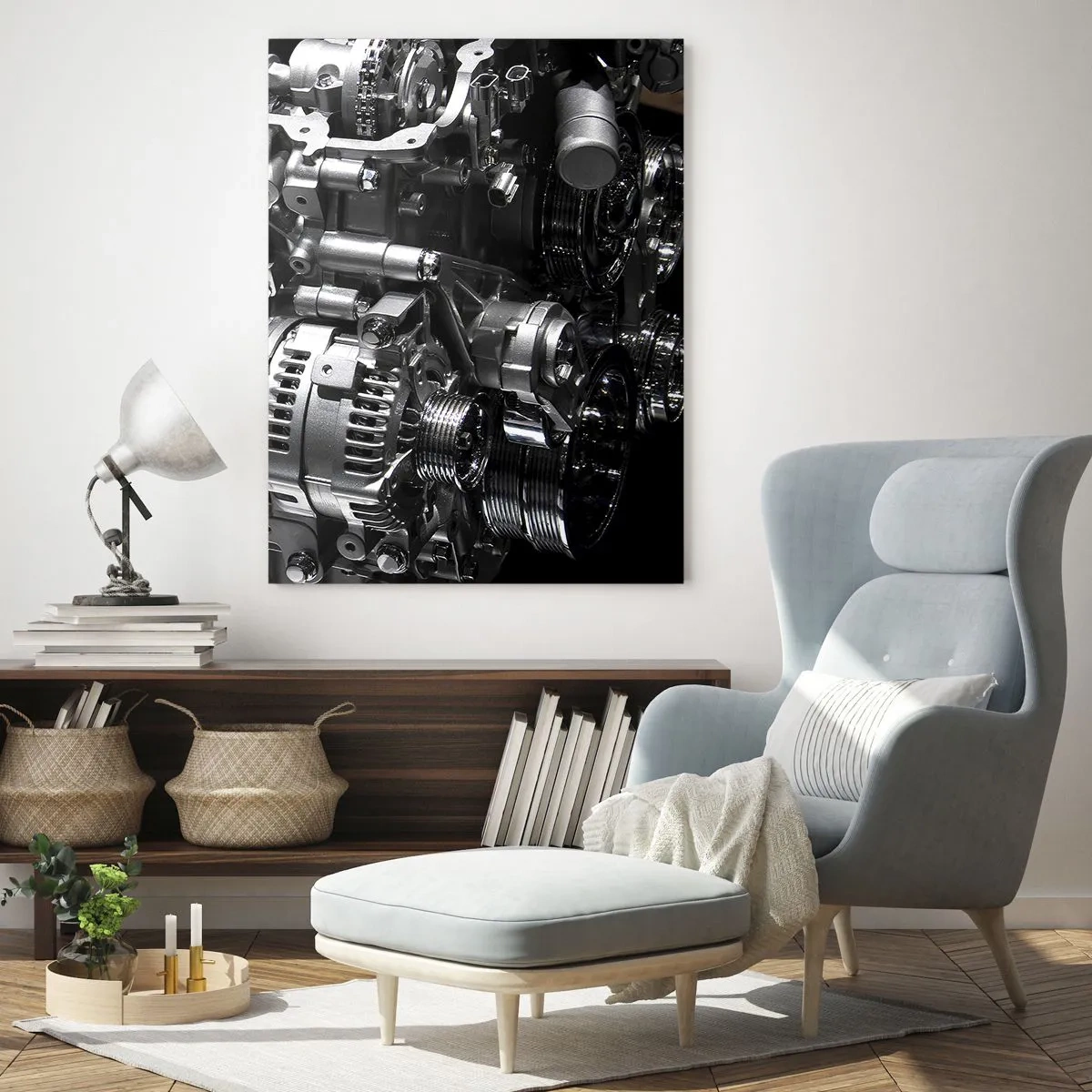 Impression sur verre - Image sur verre - Gros plan de pièces de moteur en métal sur fond noir - 80x120cm - Acier, beau, fort - Décoration murale moderne pour le salon et la chambre ARTTOR