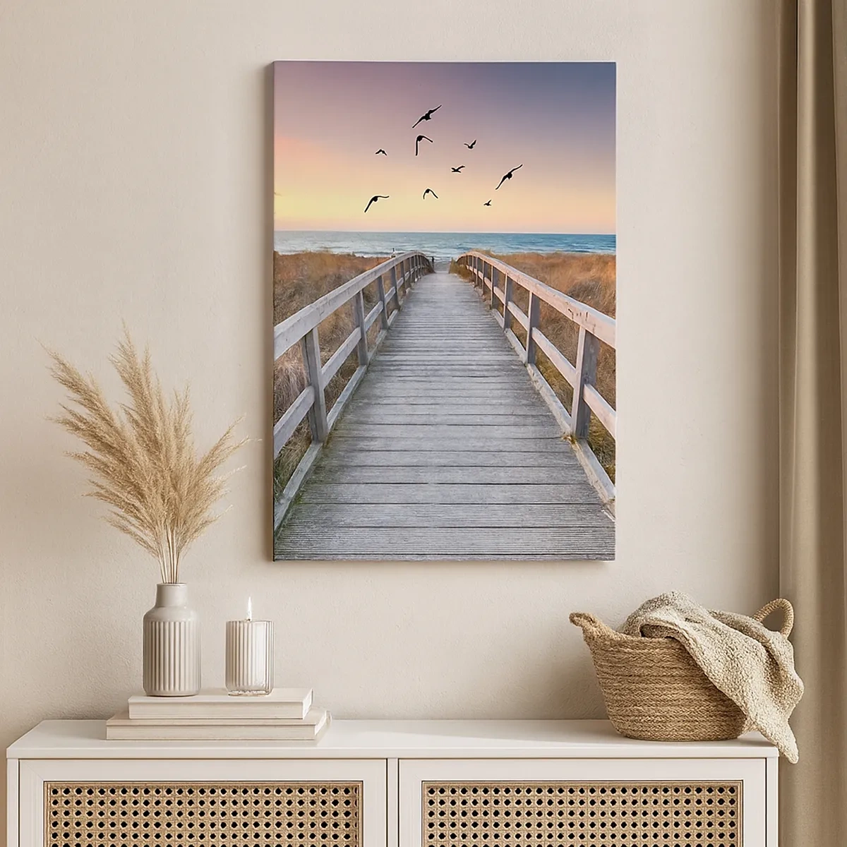 Impression sur toile - Image sur toile - Jetée en bois menant à la plage au coucher du soleil - 50x70cm - Envol des espaces - Décoration murale moderne pour le salon et la chambre ARTTOR
