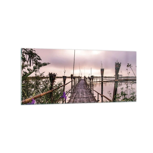Impression sur verre - Image sur verre - Pont de bambou sur l'eau à l'aube - 120x50cm - Le silence et le calme d'Asie - Décoration murale moderne pour le salon et la chambre ARTTOR