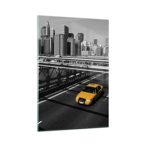 Impression sur verre - Image sur verre - Taxi jaune sur un pont avec vue sur les toits de New York - 80x120cm - Couleur de la grande ville - Décoration murale moderne pour le salon et la chambre ARTTOR