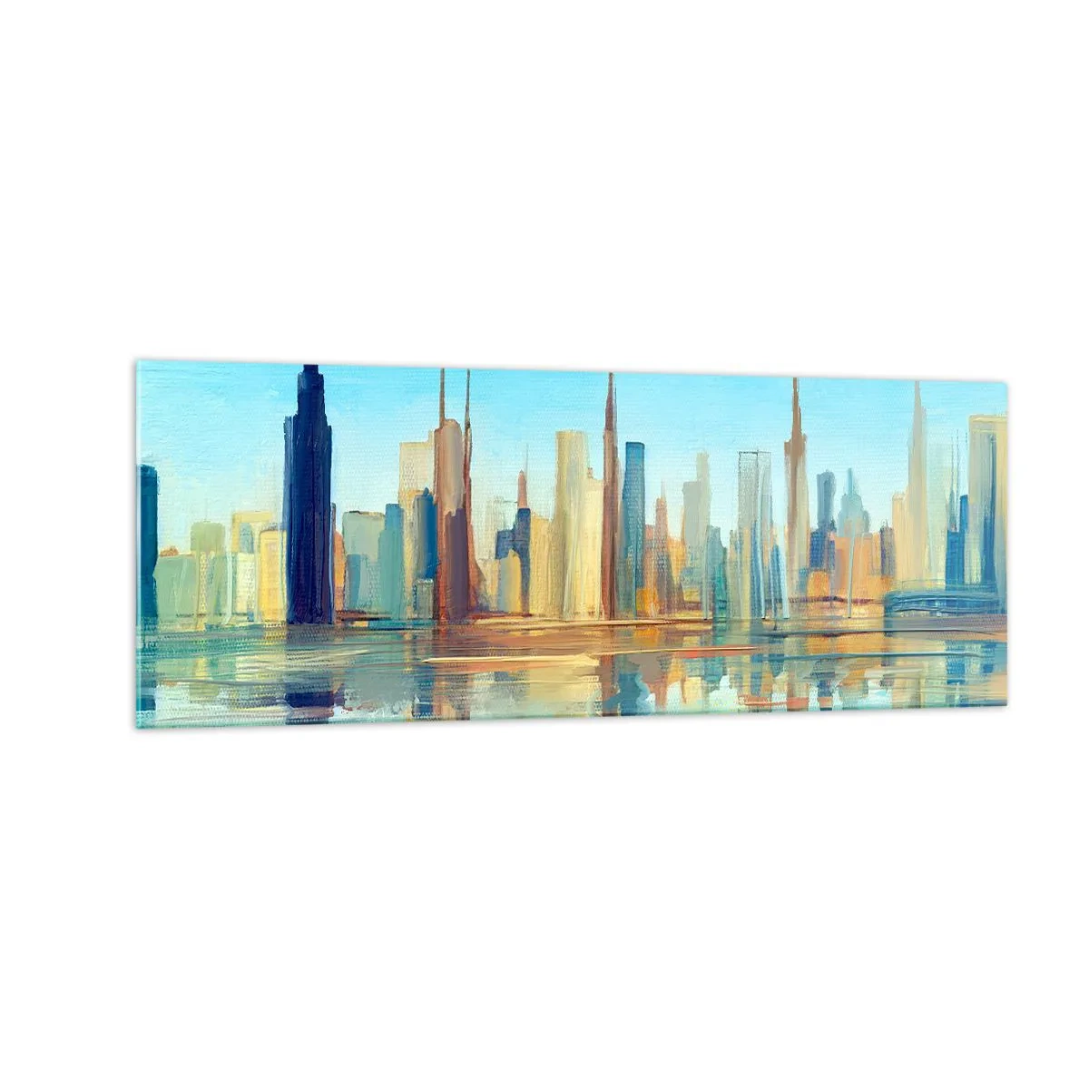 Impression sur verre - Image sur verre - Un panorama de la ville aux couleurs chaudes avec reflet dans l'eau - 140x50cm - Une métropole ensoleillée - Décoration murale moderne pour le salon et la chambre ARTTOR