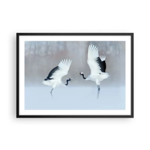 Affiche dans un cadre noir - Poster - Deux grues dansant dans un paysage brumeux - 70x50cm - Danse dans le brouillard - Décoration murale moderne pour le salon et la chambre ARTTOR