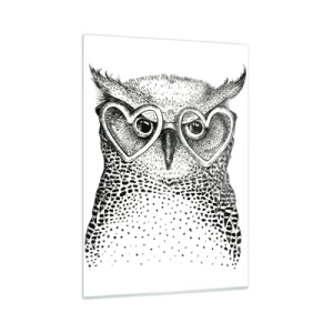 Impression sur verre - Image sur verre - Illustration d'un hibou portant des lunettes en forme de cœur - 50x70cm - Sagement et avec amour - Décoration murale moderne pour le salon et la chambre ARTTOR