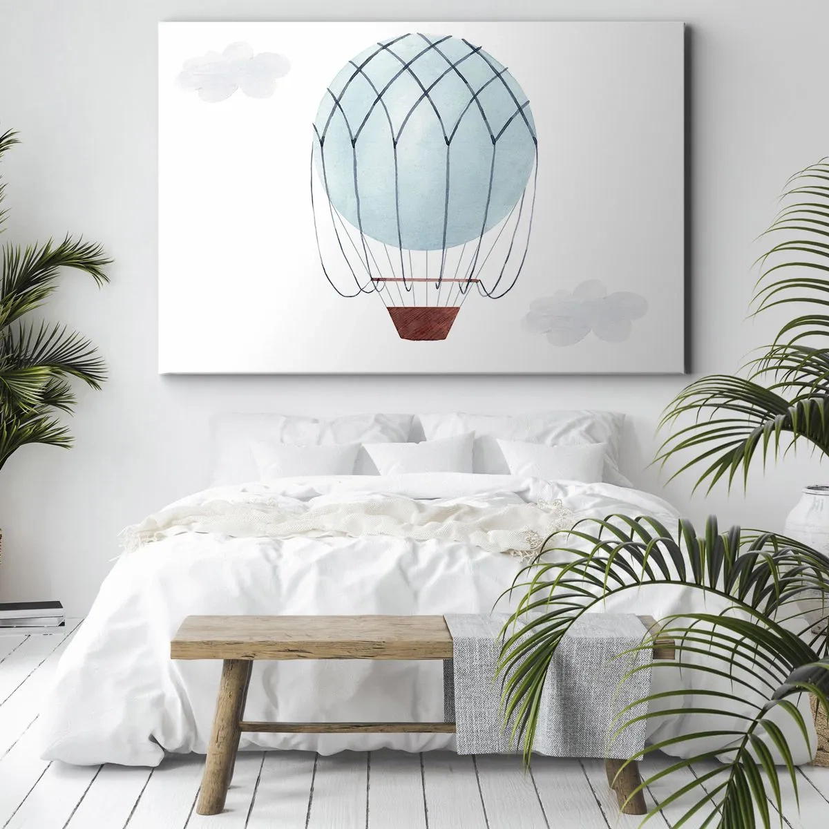 Impression sur toile - Image sur toile - Un ballon peint à la main sur fond de nuages délicats. - 70x50cm - Entièrement dans les nuages - Décoration murale moderne pour le salon et la chambre ARTTOR