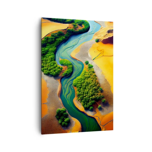 Impression sur toile - Image sur toile - Une rivière verte entourée de sable doré et de végétation - 70x100cm - Rivière vivifiante - Décoration murale moderne pour le salon et la chambre ARTTOR