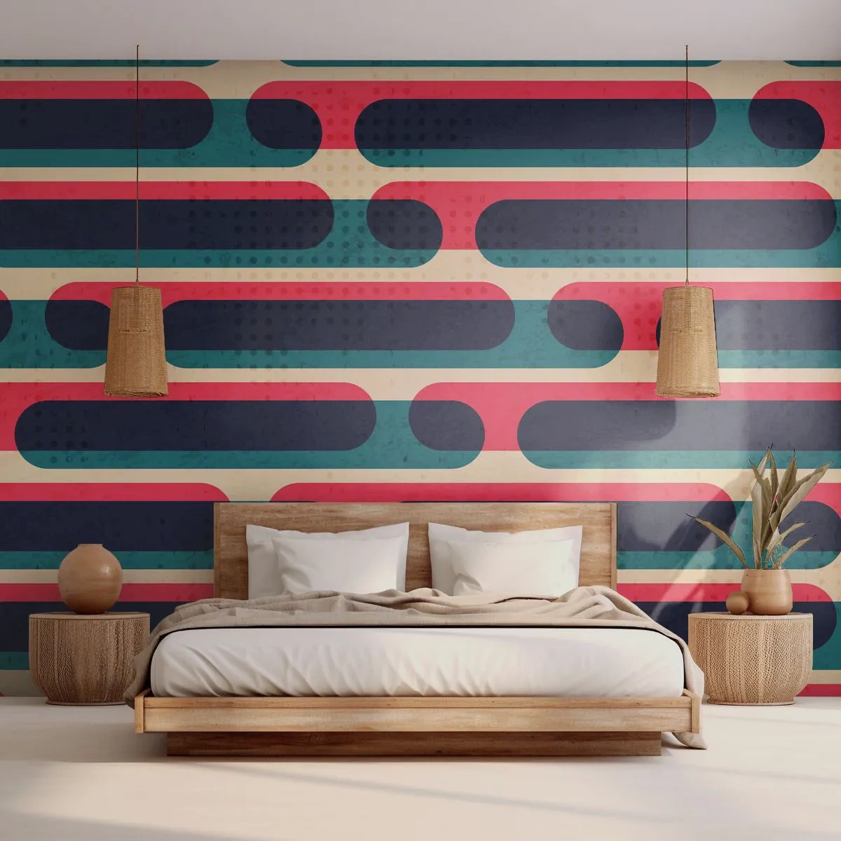 Papier Peint Photo Premium Sand - Motif géométrique rétro en rouge, bleu marine et beige - 100x70cm - En profondeur et sur l'avant - Décoration murale moderne pour le salon et la chambre ARTTOR
