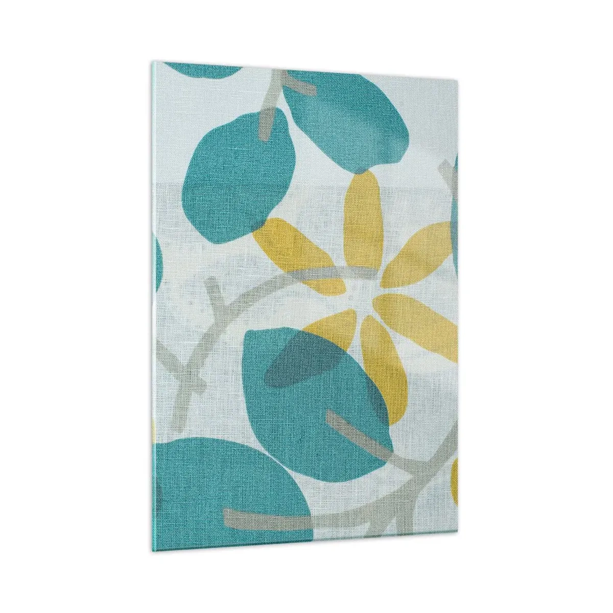 Impression sur verre - Image sur verre - Un graphique végétal avec des feuilles azur et des fleurs jaunes - 50x70cm - Wśród lazurowych liści - Décoration murale moderne pour le salon et la chambre ARTTOR