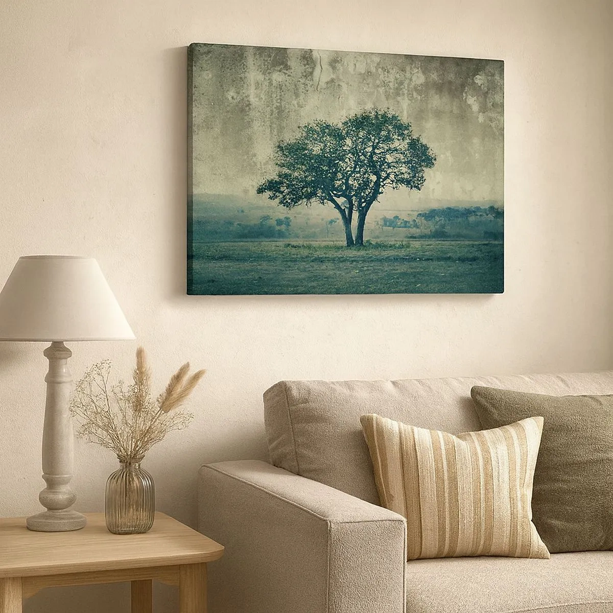 Impression sur toile - Image sur toile - Un arbre solitaire dans un paysage brumeux - 70x50cm - Un pommier sur un champ bleu ? - Décoration murale moderne pour le salon et la chambre ARTTOR