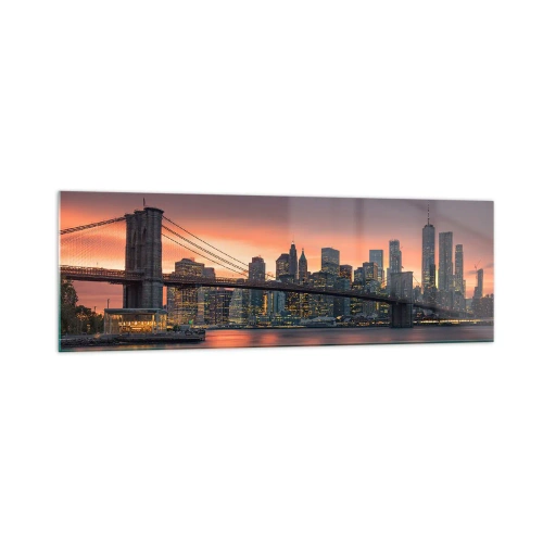 Impression sur verre - Image sur verre - Panorama nocturne de la ville avec un pont et un ciel illuminé - 160x50cm - Immergé dans le silence lilas - Décoration murale moderne pour le salon et la chambre ARTTOR