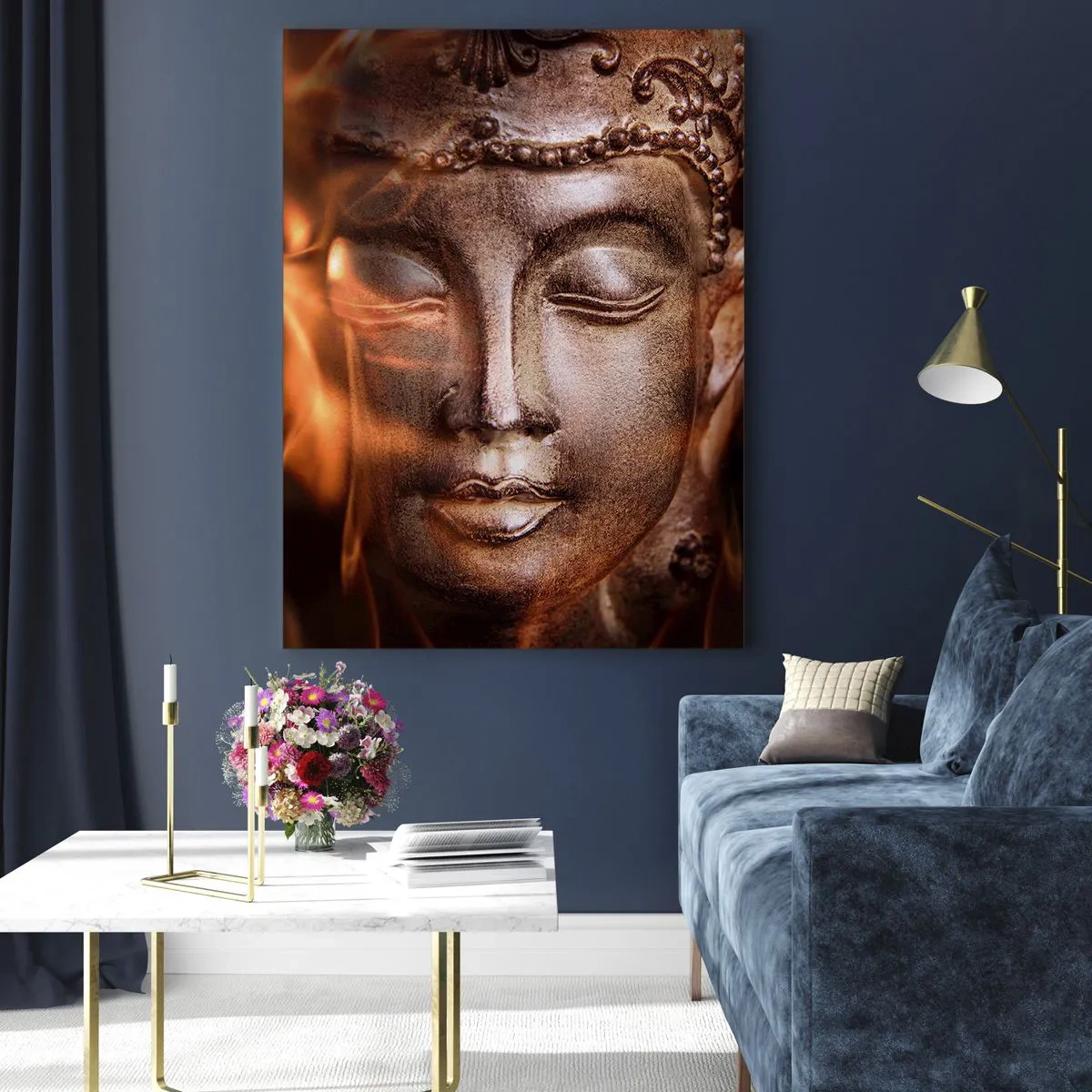 Impression sur verre - Image sur verre - Le visage brumeux du Bouddha dans des tons chauds d'or et de marron - 50x70cm - Il n'existe qu'ici et maintenant - Décoration murale moderne pour le salon et la chambre ARTTOR