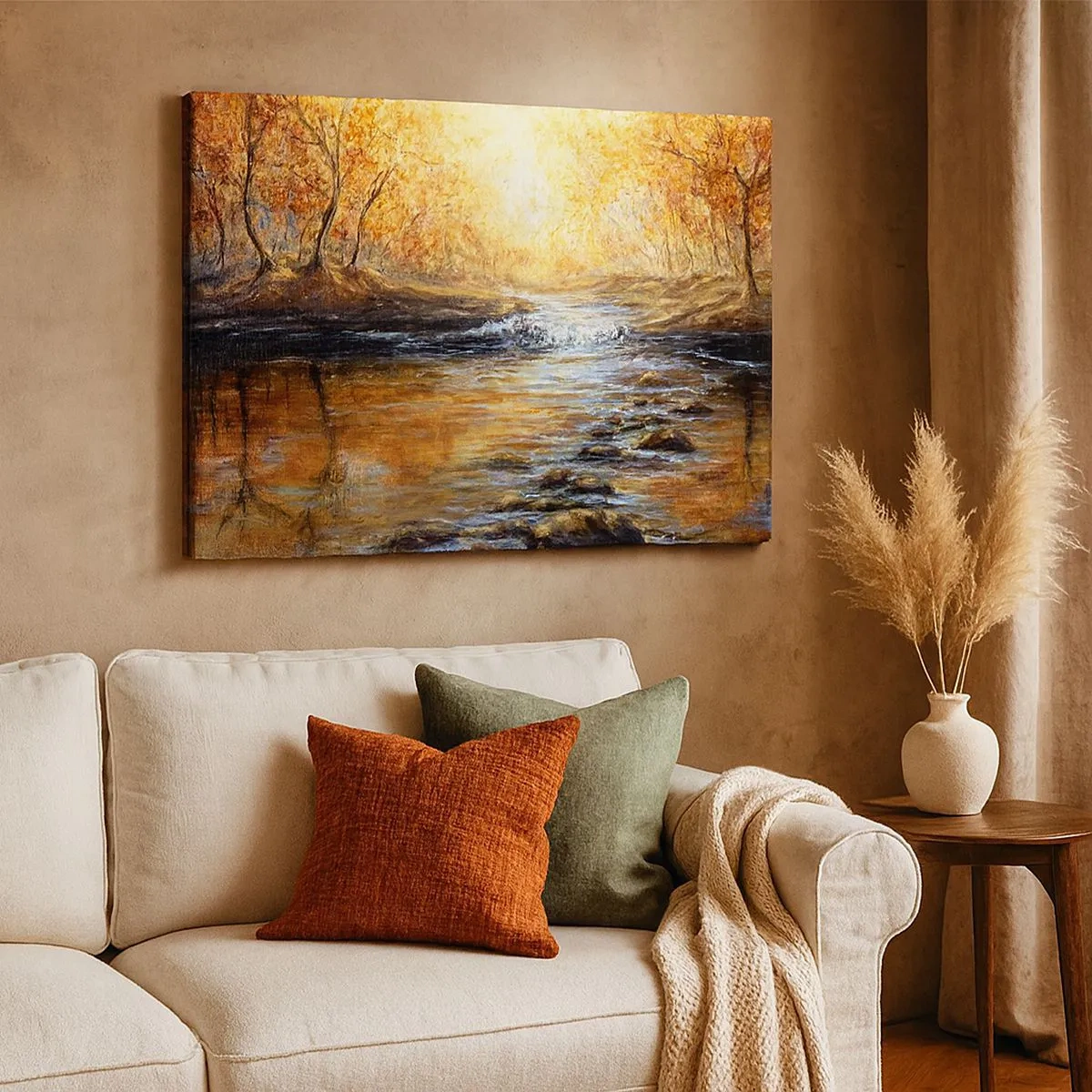Impression sur toile - Image sur toile - Paysage d'automne avec une rivière parmi les arbres - 70x50cm - Le ruisseau d'or - Décoration murale moderne pour le salon et la chambre ARTTOR