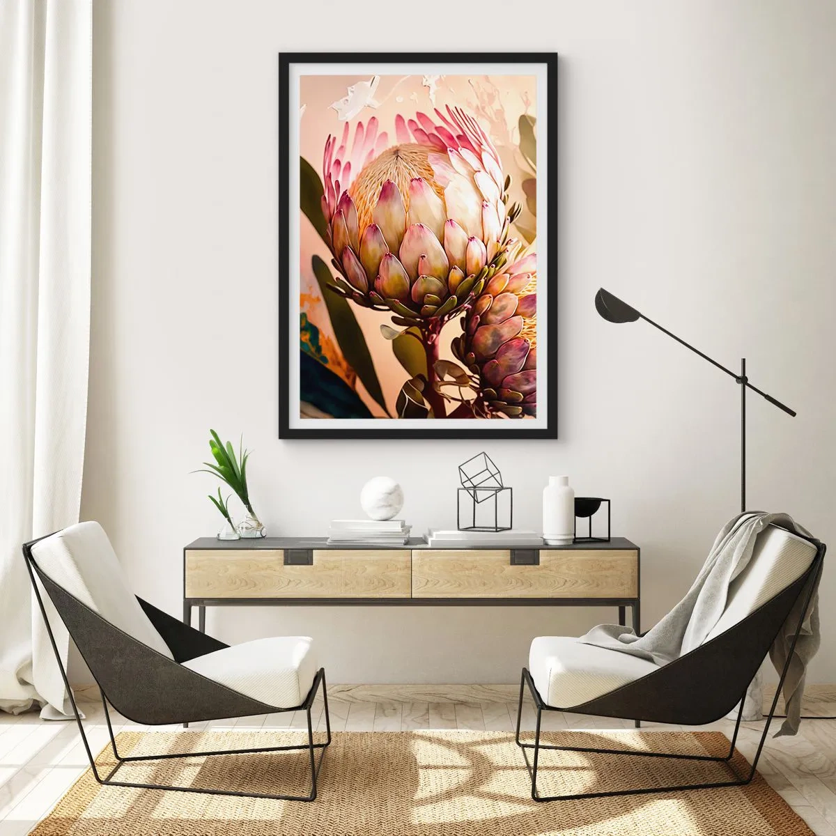 Affiche dans un cadre noir - Poster - Gros plan d'une fleur de protéa aux couleurs chaudes - 50x70cm - Tendrement embrassé - Décoration murale moderne pour le salon et la chambre ARTTOR
