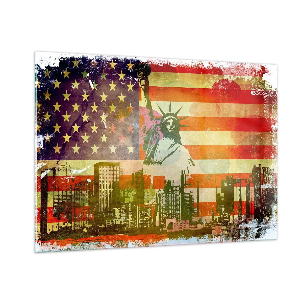 Impression sur verre - Image sur verre - Drapeau américain avec la silhouette de la Statue de la Liberté et le paysage urbain - 100x70cm - Vive l'Amérique! - Décoration murale moderne pour le salon et la chambre ARTTOR