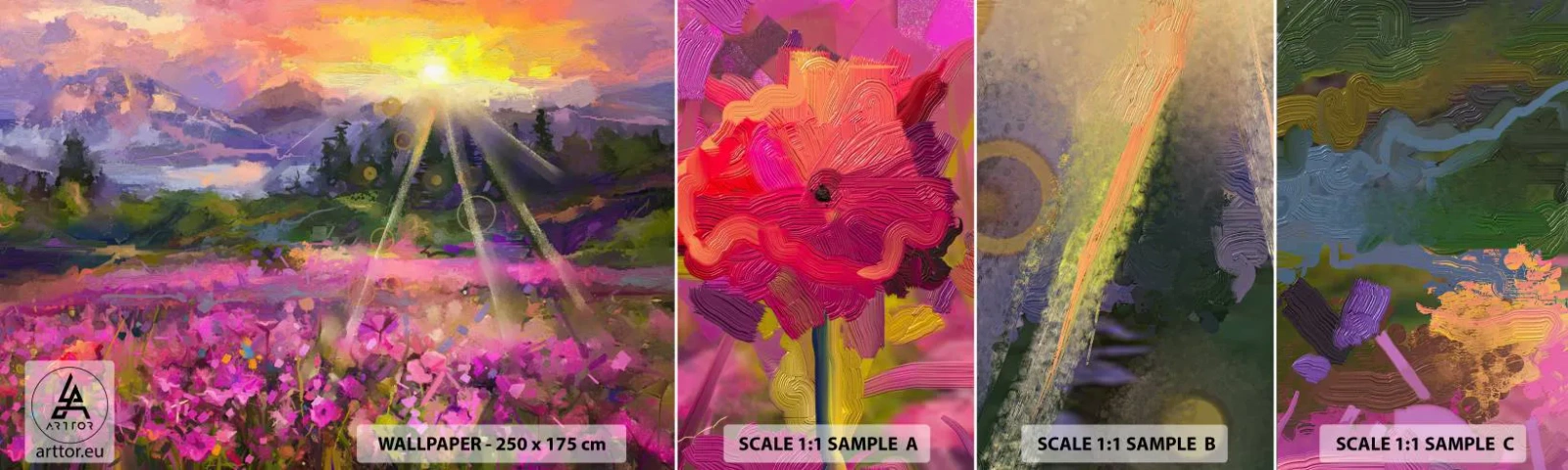 Échantillon De Papier Peint Standard Eco - Dans la vallée à l'abri du soleil - Abstraction, Paysage, Fleurs - 100x30 cm
